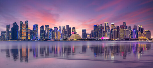 The Panoramic skyline of Doha, Qatar during sunrise