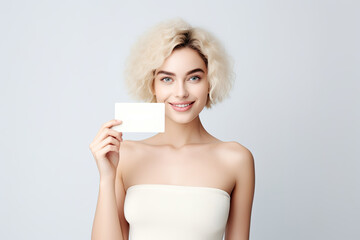 Obraz na płótnie Canvas A young woman, attractive and beautiful, holds a blank card with a picture of natural beauty for advertising skin care.