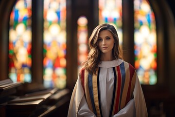 Obraz premium Choir Singer in Robe Against Stained Glass Window