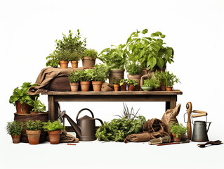 Table with gardening tools in the home garden. White background