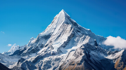 Snow-covered mountain against a blue sky. Generative Ai