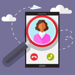 Search for contact in your phone, magnifying glass and person on smartphone screen, business banner. Job interview, personal data form with magnifier and avatar. Conversation, employee candidate