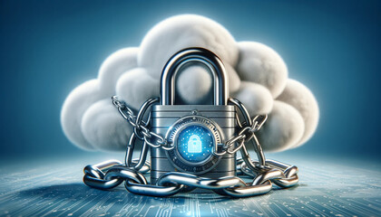 An illustration representing cloud security, featuring a large, fluffy white cloud enclosed by a robust padlock and chain.