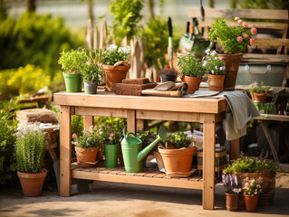 Table with gardening tools in the home garden.