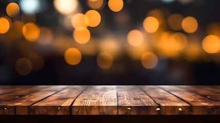 Wooden table with dark blurred background. Generative AI.