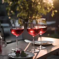 Fototapeta premium Glasses of red wine served outdoors on the table on blurred natural background.
