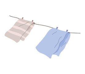Washed clothes, towels dry outside on stretched rope. Clothing and garment care, housekeeping concept. Professional cleaning of apparel. Drying laundry on clothesline isolated on white background
