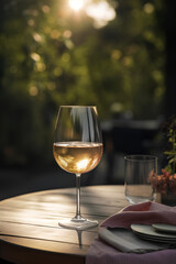 Glass of white wine on the wooden table outdoors on blurred natural background