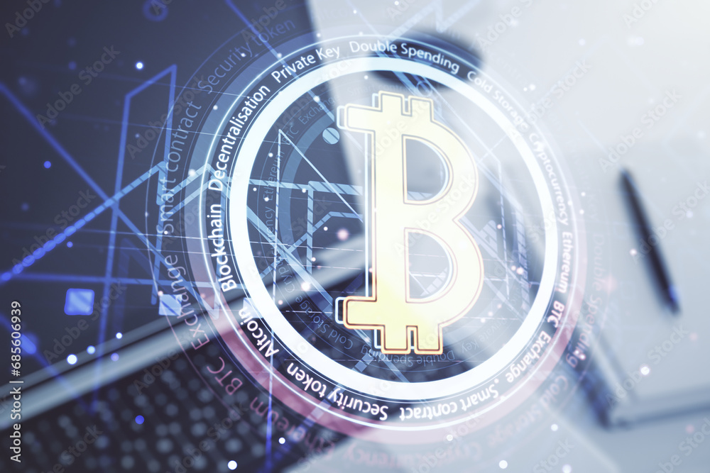 Poster double exposure of creative bitcoin symbol with modern laptop on background. cryptocurrency concept