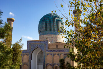 beautiful historical building site scenes in the evening time in an Autumn season, Amir Temur Mausoleum, madrasah, Samarkand, autumn.