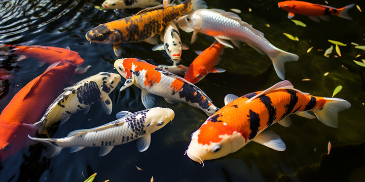 Small Collection Of Koi Fish In A Pond Background, Koi fish in the water, Beautiful Koi pond japan stock,  GENERATIVE AI


