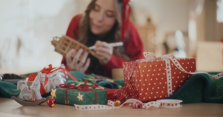 Woman Decorating For Christmas Gifts Xmas Time Woman Dressed For Holidays