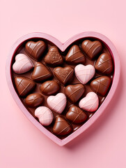 Heart shaped box with chocolate praline on pink background