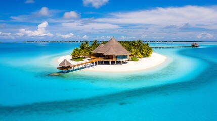 A vibrant coral atoll in the Maldives, with a white sandy beach and overwater bungalows. - obrazy, fototapety, plakaty