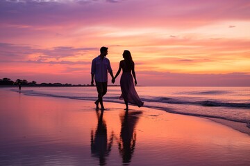Fototapeta premium Romantic Sunset Shoreline Stroll for Couple