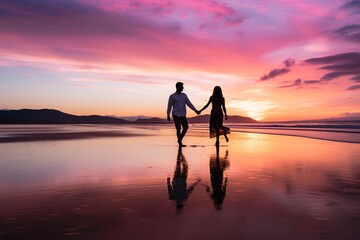 Fototapeta premium Romantic Sunset Shoreline Stroll for Couple