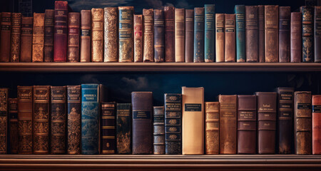 A vintage wooden bookshelf with old books. Horizontal background