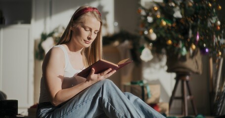 Woman Reading Book Christmas Time Relaxing