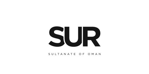 Sur in the Oman emblem. The design features a geometric style, vector illustration with bold typography in a modern font. The graphic slogan lettering.