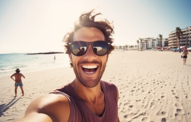 Handsome man wearing hat and sunglasses taking selfie picture on summer vacation day - Happy hiker with backpack smiling at camera outside - Tourist walking on the beach - Traveling and technology