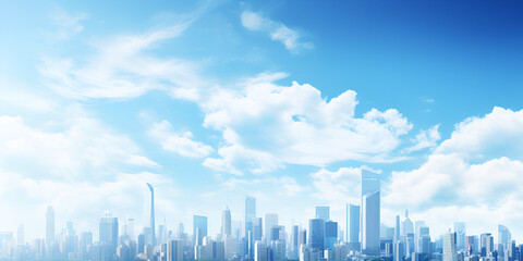 Abstract 3d cityscape under cloudy sky, Abstract city skyline in blue sky and white clouds. Abstract city background, GENERATIVE AI

