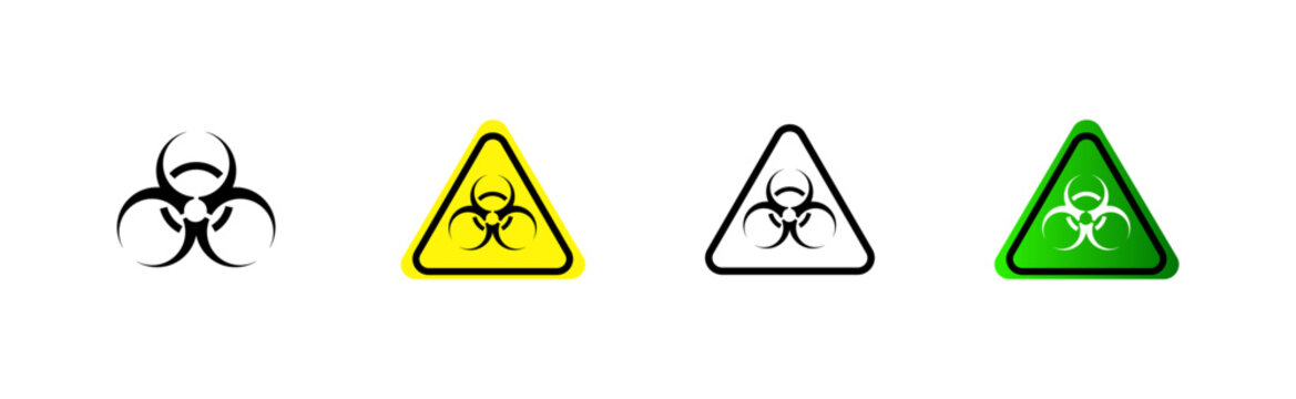 Biohazard road signs. Different styles, road triangle sign, biological hazard signs. Vector icons