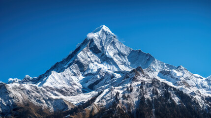 Fototapeta na wymiar Snow-covered mountain against a blue sky. Generative Ai