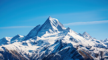 Snow-covered mountain against a blue sky. Generative Ai