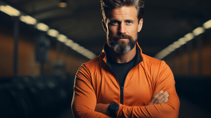 Portrait of personal trainer with beard. concept of sport, healthy lifestyle. Flyer with copyspace.