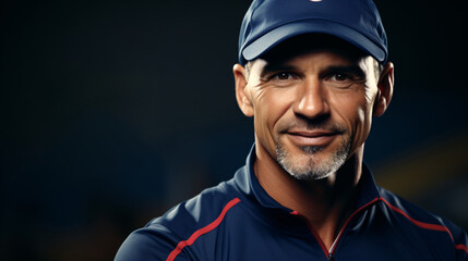 Portrait of personal trainer with beard. concept of sport, healthy lifestyle. Flyer with copyspace.