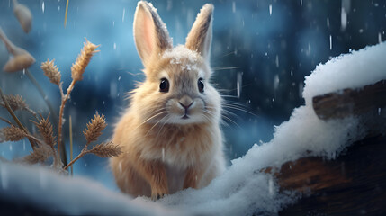  White hare on the background of a winter, snowy forest with bokeh and copy space. Wild animals in...