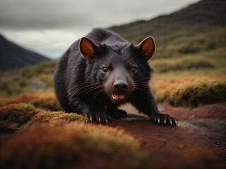 Tasmanian devil stooping down to prey
