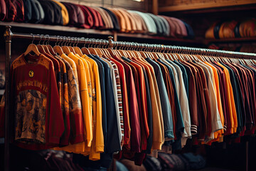 A colorful array of shirts hanging on a store rack. Suitable for fashion retail, clothing store promotions, seasonal sales, and vibrant apparel advertisements.