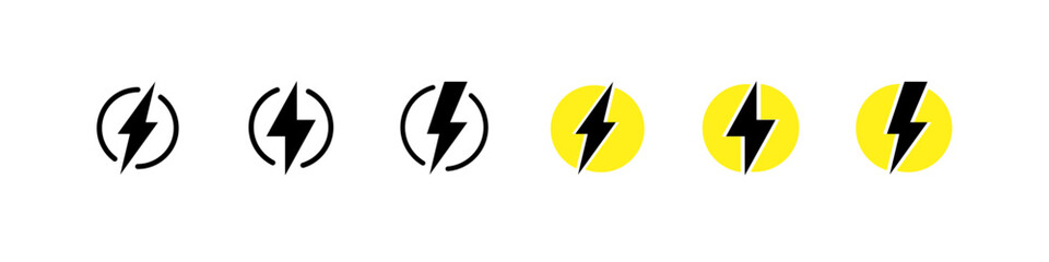 Lightning icons. Different styles, lightning inside a circle, lightning icons. Vector icons