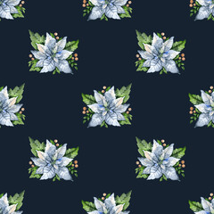 Seamless pattern with Christmas elements White poinsettia. Watercolor illustration.