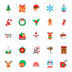 Set of Christmas Flat Icon Design Vector. snowflake, elf, reindeer, christmas lights, christmas tree, snowman, christmas wreath, mistletoe, sleigh, santa claus, christmas hat, christmas ball.
