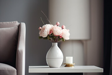 A fresh and elegant bouquet of pink peonies in a vase, adding a touch of romance and beauty to the interior.