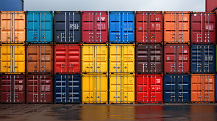 A large stack of colorful shipping containers suitable for industrial or transportation concepts, logistics, global trade, freight, import/export, cargo shipping, and container storage designs.