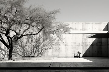 Black and white picture of a tree in the background of ultra-modern minimalist building made of concrete and glass. Live object and grey monochrome inanimate background combination.