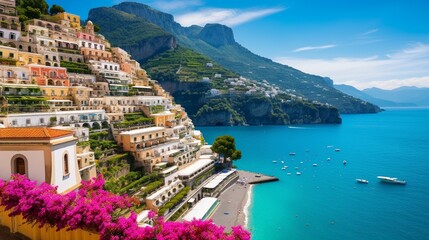 The dramatic cliffs and turquoise waters of the Amalfi Coast in Italy, with a view of the picturesque town of Positano. - obrazy, fototapety, plakaty