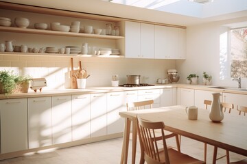 Fototapeta premium Brightly lit kitchen interior. Big window . Accessories and potted plants. The concept of a modern and stylish kitchen.