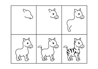 Zebra. Step by step drawing. Coloring page, coloring book page. Black and white vector illustration.