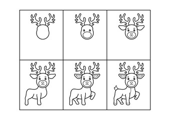 Deer. Step by step drawing. Coloring page, coloring book page. Black and white vector illustration.