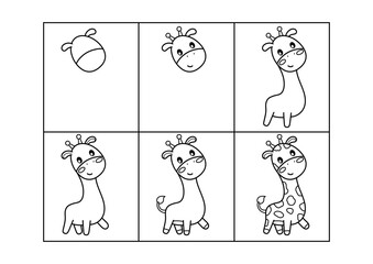 Giraffe. Step by step drawing. Coloring page, coloring book page. Black and white vector illustration.
