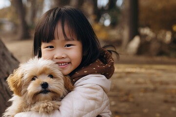 Beautiful asian girl playing with little dog puppy in the park with bokeh background - obrazy, fototapety, plakaty