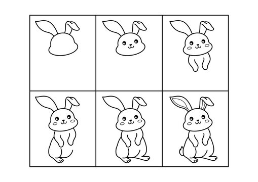 Rabbit. Step by step drawing. Coloring page, coloring book page. Black and white vector illustration.