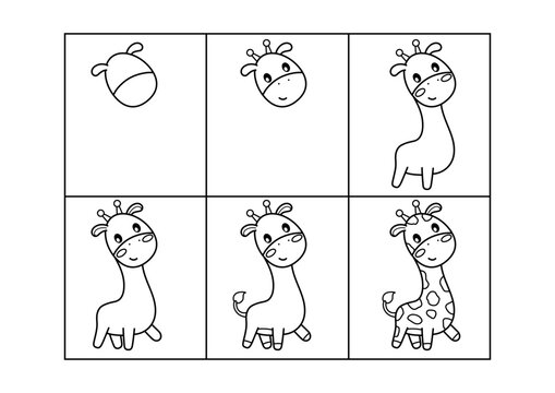 Giraffe. Step by step drawing. Coloring page, coloring book page. Black and white vector illustration.