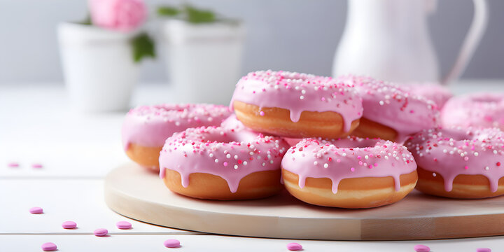 Delicious sweet donuts with pink glaze and pink sprinkles on table, blurry background - Powered by Adobe
