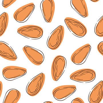 Almond seamless pattern in line art style. Hand drawn, sketches, engraved. Vector illustration on a white background.