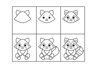 Raccoon. Step by step drawing. Coloring page, coloring book page. Black and white vector illustration.
